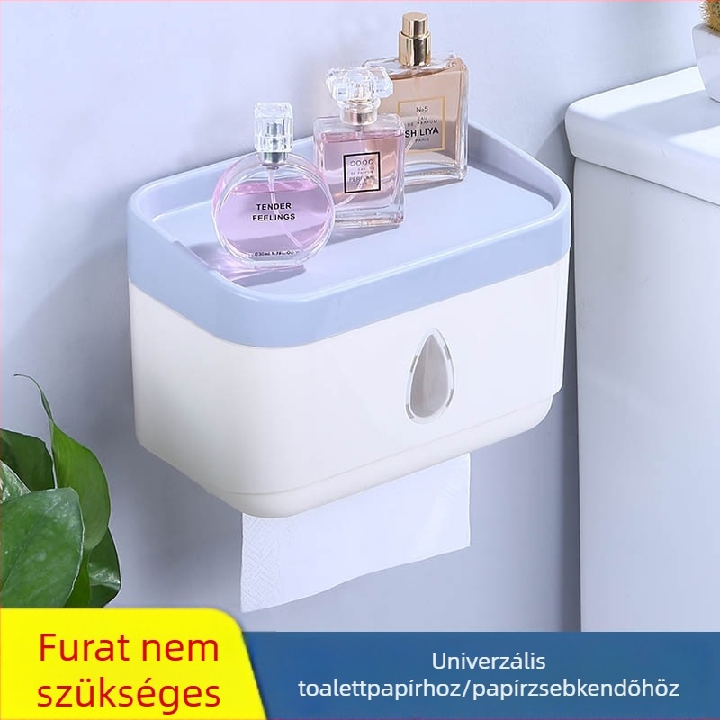Fúrás nélküli falra szerelhető WC-papír tartó fürdőszobába, vízcsepp formájú dizájn, multifunkcionális tároló