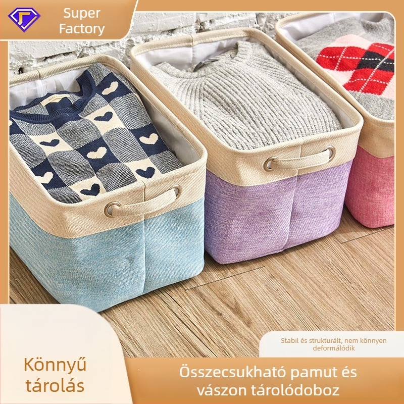Összecsukható pamut-len textil tároló doboz, asztali rendszerező, fedél nélkül