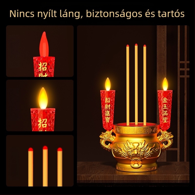 Elektronikus tömjénégető LED gyertyával, Buddha lámpa, a Szerencse Istene lámpája és örökké égő gyertyatartó