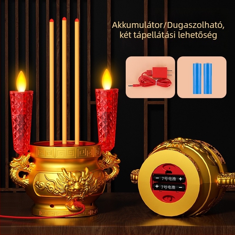 Elektronikus tömjénégető LED gyertyával, Buddha lámpa, a Szerencse Istene lámpája és örökké égő gyertyatartó