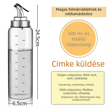 Hőálló üvegből készült olajtartó kanna zárófedéllel és mérési jelölésekkel a konyhához.