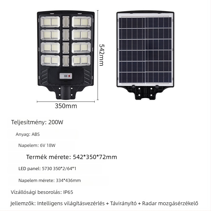 Integrált napelemes utcai lámpa radar szenzorral, nagy teljesítmény, vízálló kültéri világítás