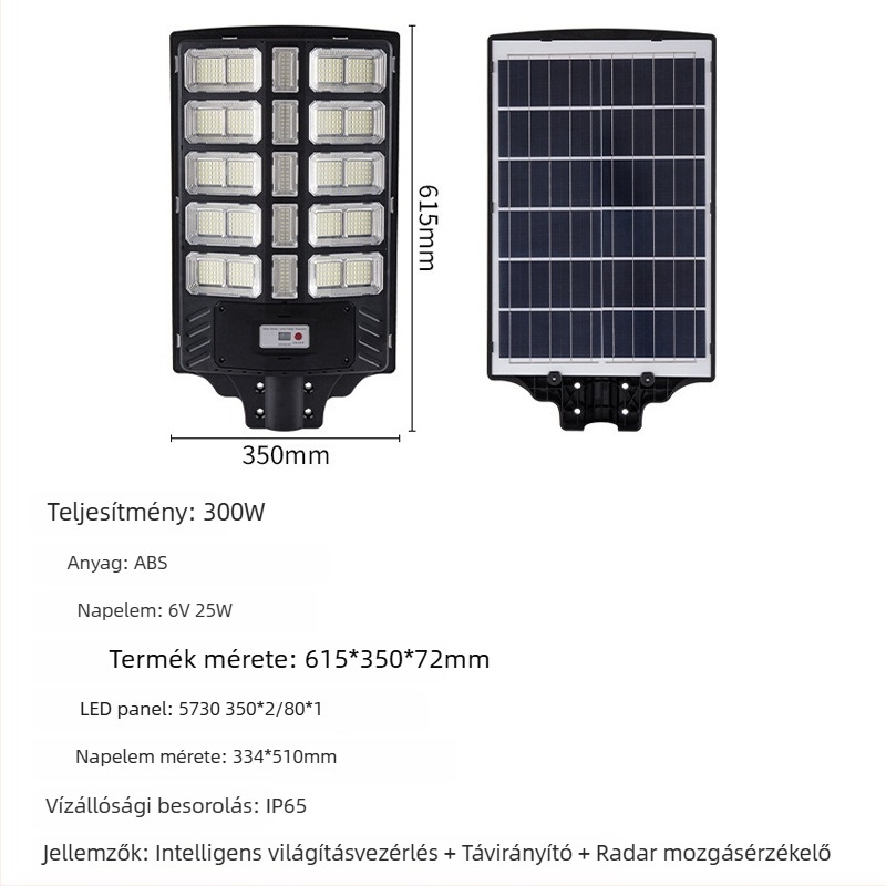 Integrált napelemes utcai lámpa radar szenzorral, nagy teljesítmény, vízálló kültéri világítás