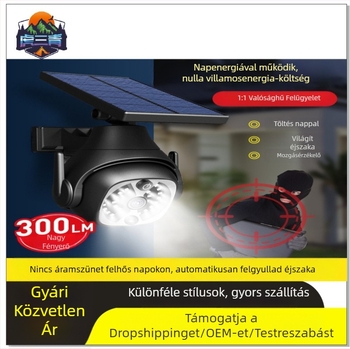 Napelemes kültéri falikar mozgásérzékelővel, IP65 vízálló, kertre és erkélyre