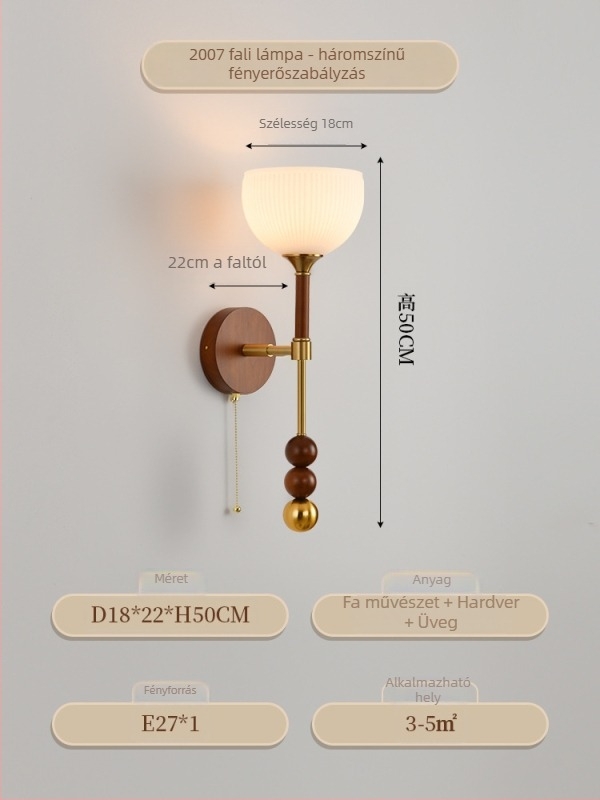 Minimalista retro hálószobai fali lámpa olvasáshoz húzózsinórral, amerikai-francia vintage stílus