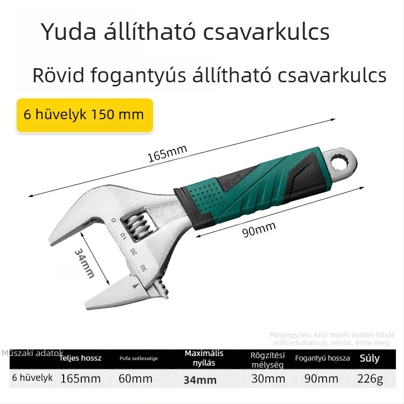 Rövid nyeletű állítható csavarkulcs, nagy nyílással, ideális kis helyiségekhez és fürdőszobához, többfunkciós