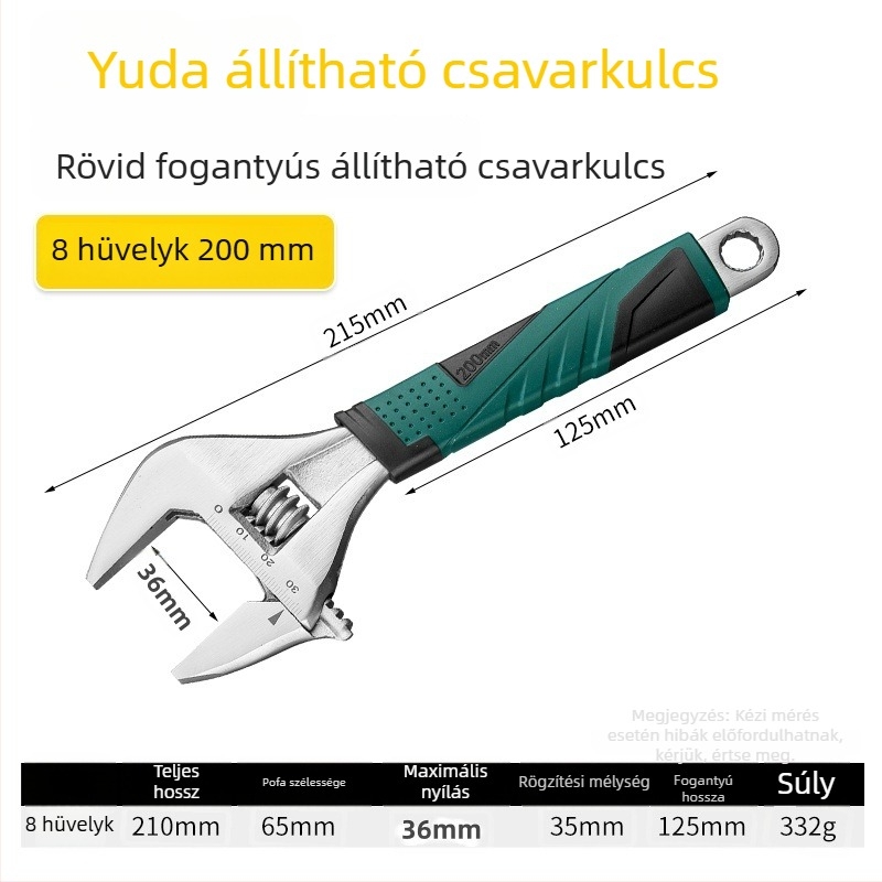Rövid nyeletű állítható csavarkulcs, nagy nyílással, ideális kis helyiségekhez és fürdőszobához, többfunkciós