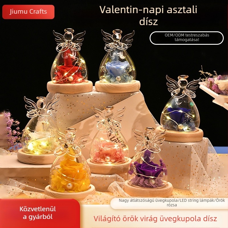 Angyali üvegkupola örök virággal, világító asztali dísz