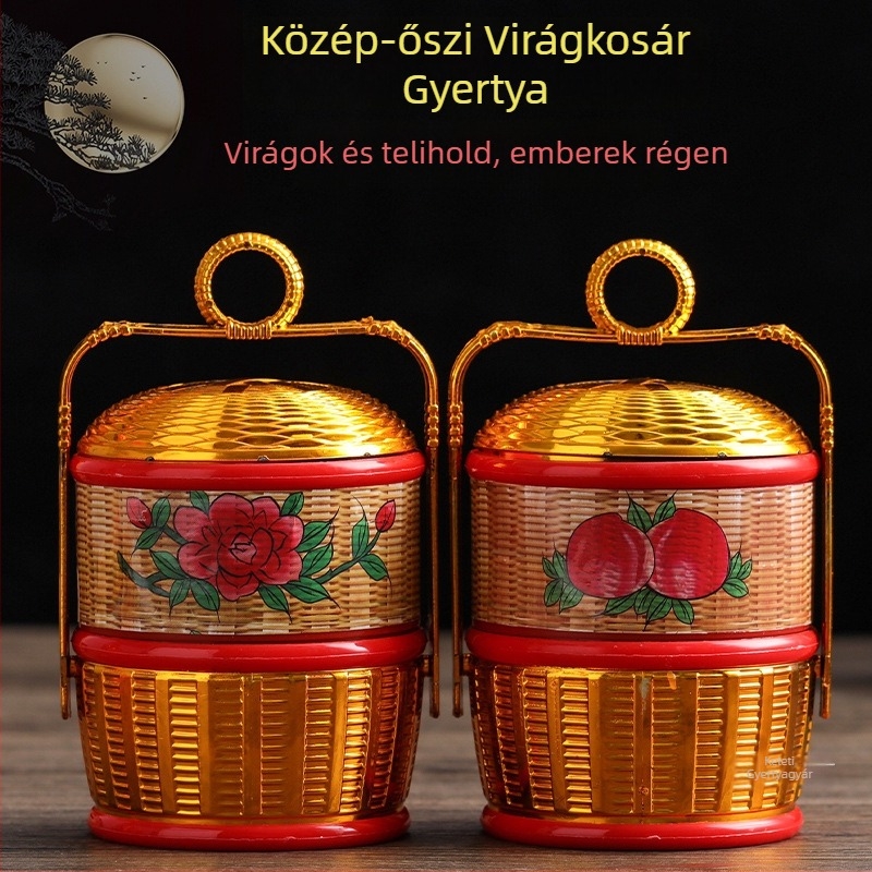Mid-Autumn Fesztivál szélvédett gyertya kültéri és beltéri használatra bambusz kosárban lótusszal