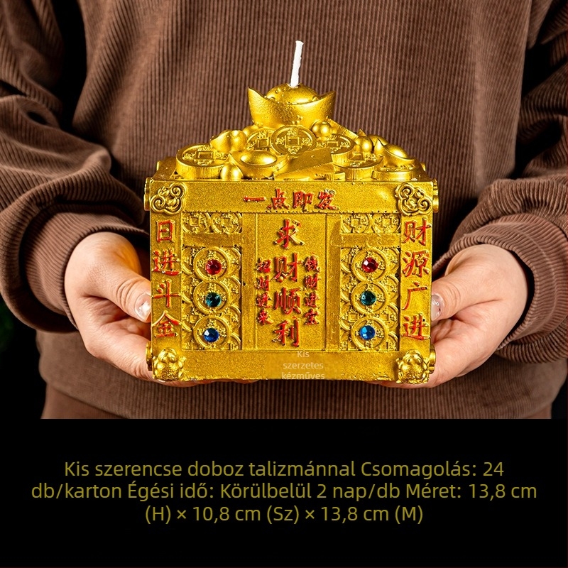 Boldogság Istene talizmánnal és kincsesláda alakú gyertya a vagyon vonzására és a jó szerencse előidézésére; megfelelő otthoni vagy templomi felajánláshoz a vagyont hozó Isten részére