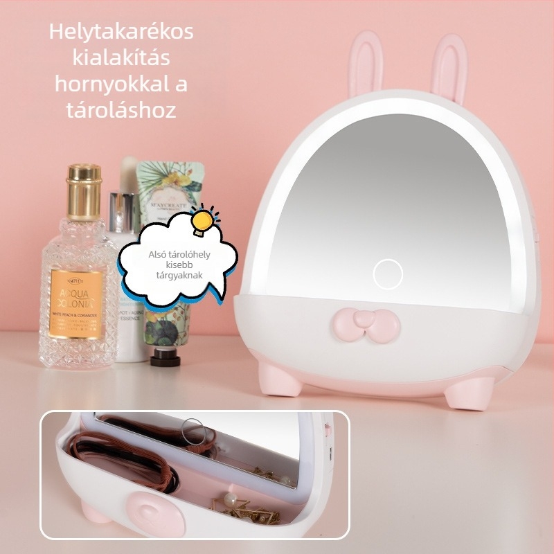 LED sminktükör, aranyos influenszer-stílusú, lányok hálószobájába, hordozható sminkasztal