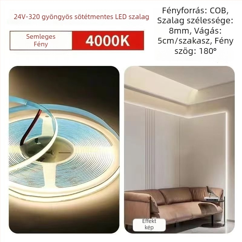 24V COB LED szalag, öntapadó, lineáris, szekrényekhez és mennyezethez