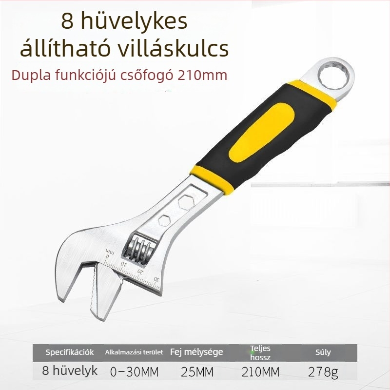 Állítható csavarkulcs nagy nyílással, vastagított magas széntartalmú acélból, fürdőszobai használatra