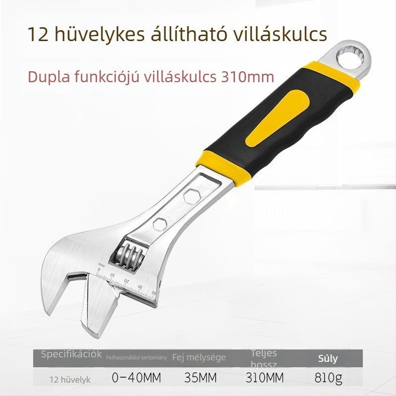 Állítható csavarkulcs nagy nyílással, vastagított magas széntartalmú acélból, fürdőszobai használatra