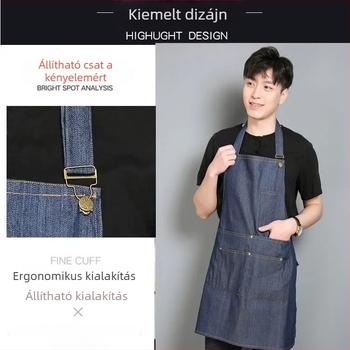 Denim kötény nyomtatott szöveggel és logóval, szennyeződésálló felülettel; otthoni konyhai és professzionális használatra, fodrászatot is beleértve; ideális teázók, éttermek és grill helyek számára.