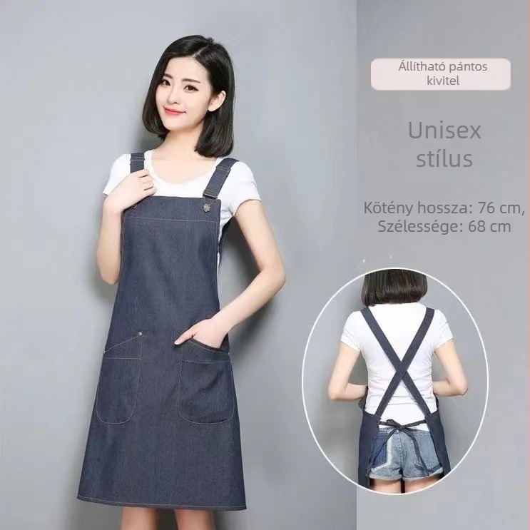 Denim kötény nyomtatott szöveggel és logóval, szennyeződésálló felülettel; otthoni konyhai és professzionális használatra, fodrászatot is beleértve; ideális teázók, éttermek és grill helyek számára.