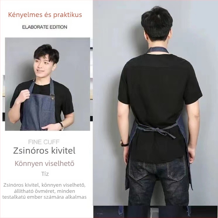 Denim kötény nyomtatott szöveggel és logóval, szennyeződésálló felülettel; otthoni konyhai és professzionális használatra, fodrászatot is beleértve; ideális teázók, éttermek és grill helyek számára.