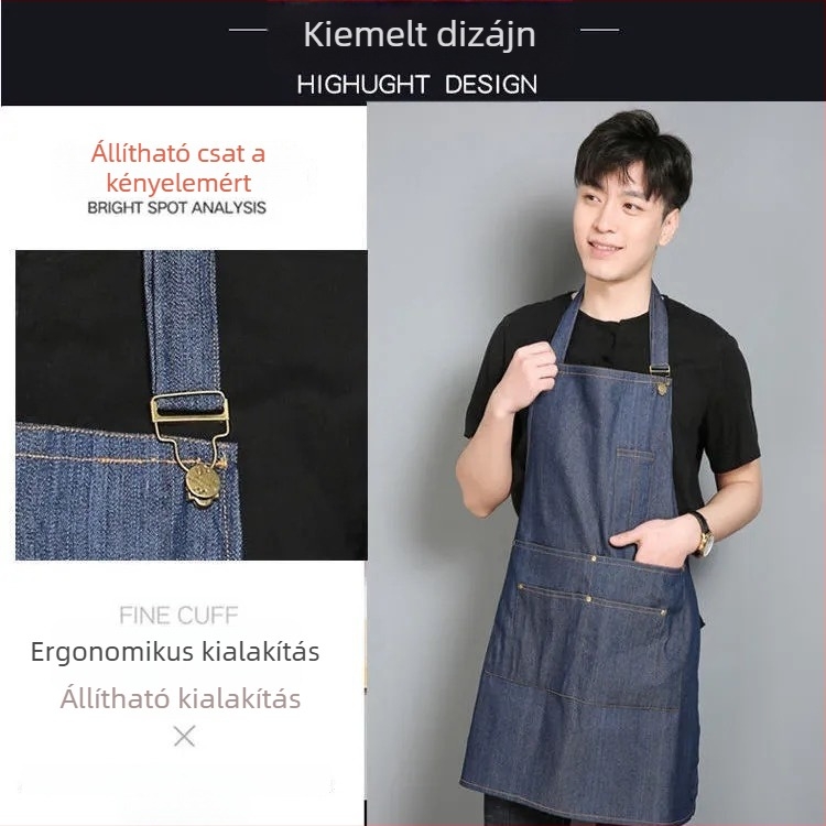 Denim kötény nyomtatott szöveggel és logóval, szennyeződésálló felülettel; otthoni konyhai és professzionális használatra, fodrászatot is beleértve; ideális teázók, éttermek és grill helyek számára.