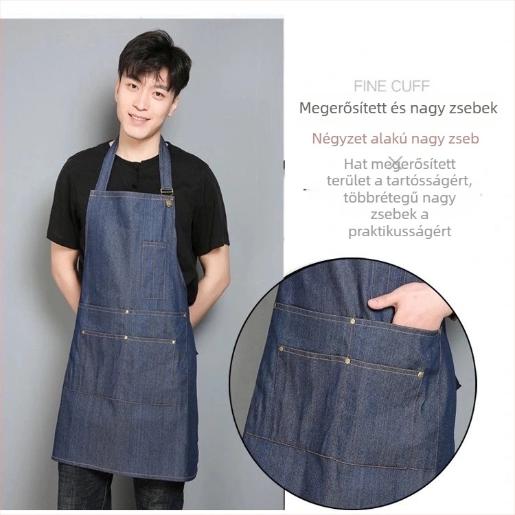 Denim kötény nyomtatott szöveggel és logóval, szennyeződésálló felülettel; otthoni konyhai és professzionális használatra, fodrászatot is beleértve; ideális teázók, éttermek és grill helyek számára.