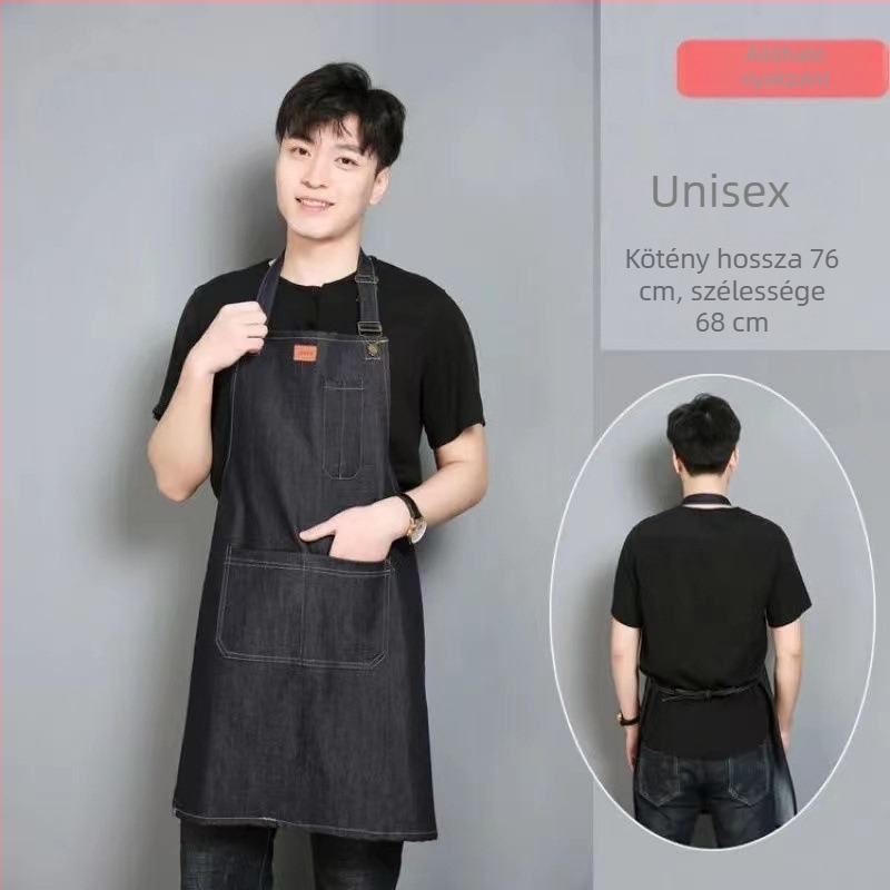 Denim kötény nyomtatott szöveggel és logóval, szennyeződésálló felülettel; otthoni konyhai és professzionális használatra, fodrászatot is beleértve; ideális teázók, éttermek és grill helyek számára.