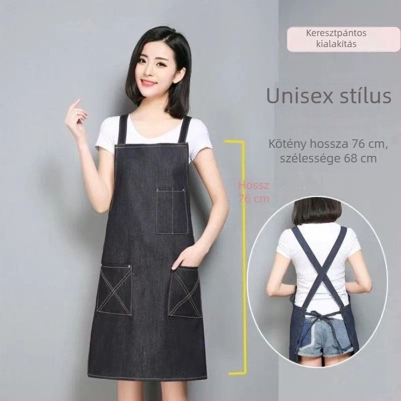 Denim kötény nyomtatott szöveggel és logóval, szennyeződésálló felülettel; otthoni konyhai és professzionális használatra, fodrászatot is beleértve; ideális teázók, éttermek és grill helyek számára.