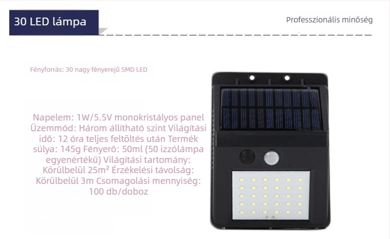 20 LED-es napelemes falikar mozgásérzékelővel, udvarra, IP66 vízálló