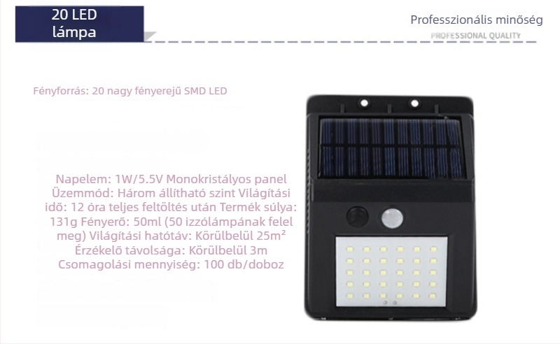 20 LED-es napelemes falikar mozgásérzékelővel, udvarra, IP66 vízálló