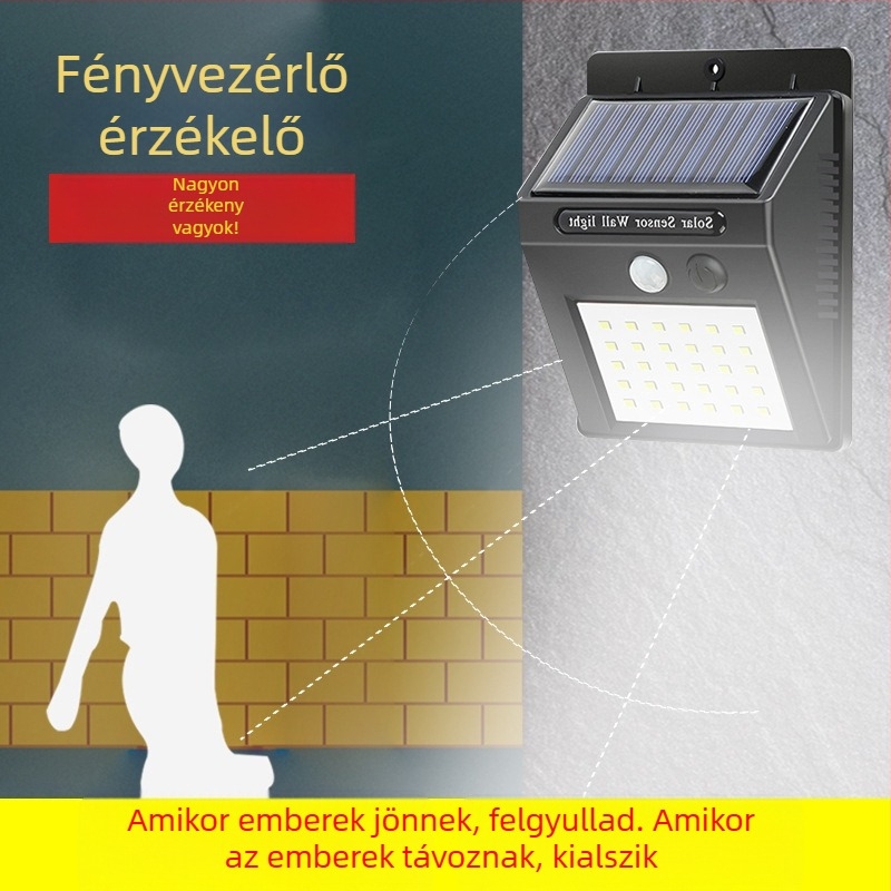 20 LED-es napelemes falikar mozgásérzékelővel, udvarra, IP66 vízálló
