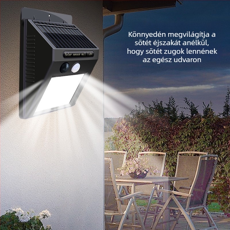 20 LED-es napelemes falikar mozgásérzékelővel, udvarra, IP66 vízálló