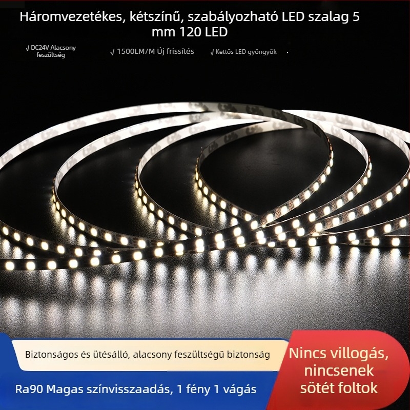 24V-os LED-szalag, 5 mm széles, színváltó, 120 LED/m, öntapadó, beltéri világítás, háromszínű fényárnyalat-szabályzás