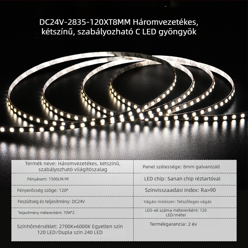 24V-os LED-szalag, 5 mm széles, színváltó, 120 LED/m, öntapadó, beltéri világítás, háromszínű fényárnyalat-szabályzás