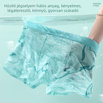 Férfi Ice Silk boxeralsók poliészterből, középmagas derekú, lélegző, 7A antibakteriális kezelés, geometriai mintázat, nyár