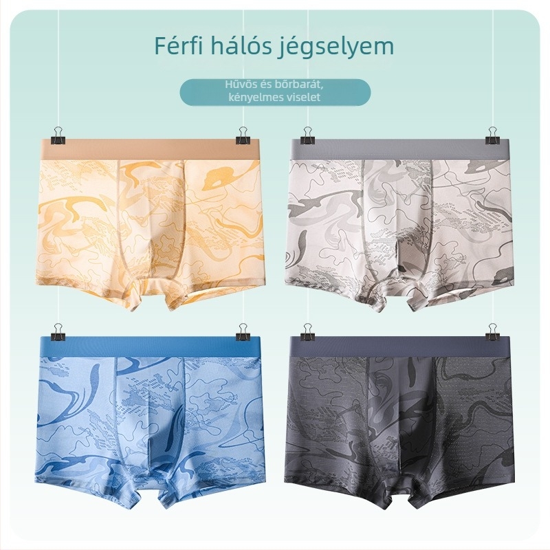 Férfi Ice Silk boxeralsók poliészterből, középmagas derekú, lélegző, 7A antibakteriális kezelés, geometriai mintázat, nyár