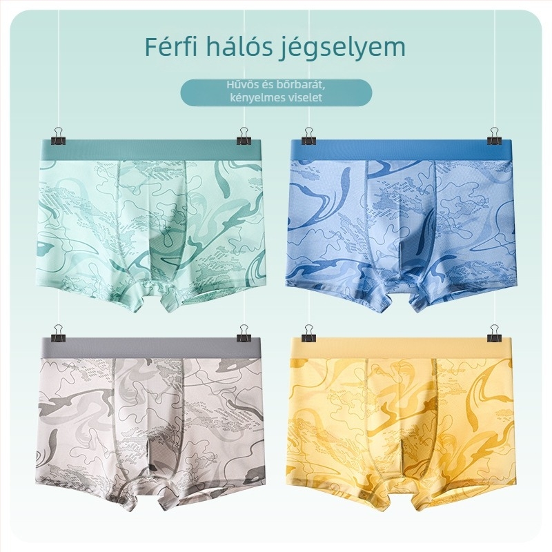 Férfi Ice Silk boxeralsók poliészterből, középmagas derekú, lélegző, 7A antibakteriális kezelés, geometriai mintázat, nyár