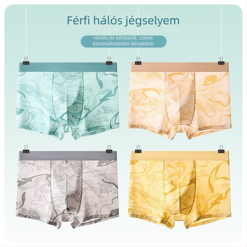 Férfi Ice Silk boxeralsók poliészterből, középmagas derekú, lélegző, 7A antibakteriális kezelés, geometriai mintázat, nyár