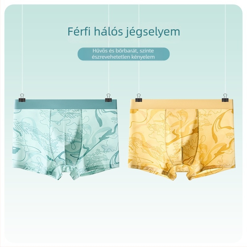 Férfi Ice Silk boxeralsók poliészterből, középmagas derekú, lélegző, 7A antibakteriális kezelés, geometriai mintázat, nyár