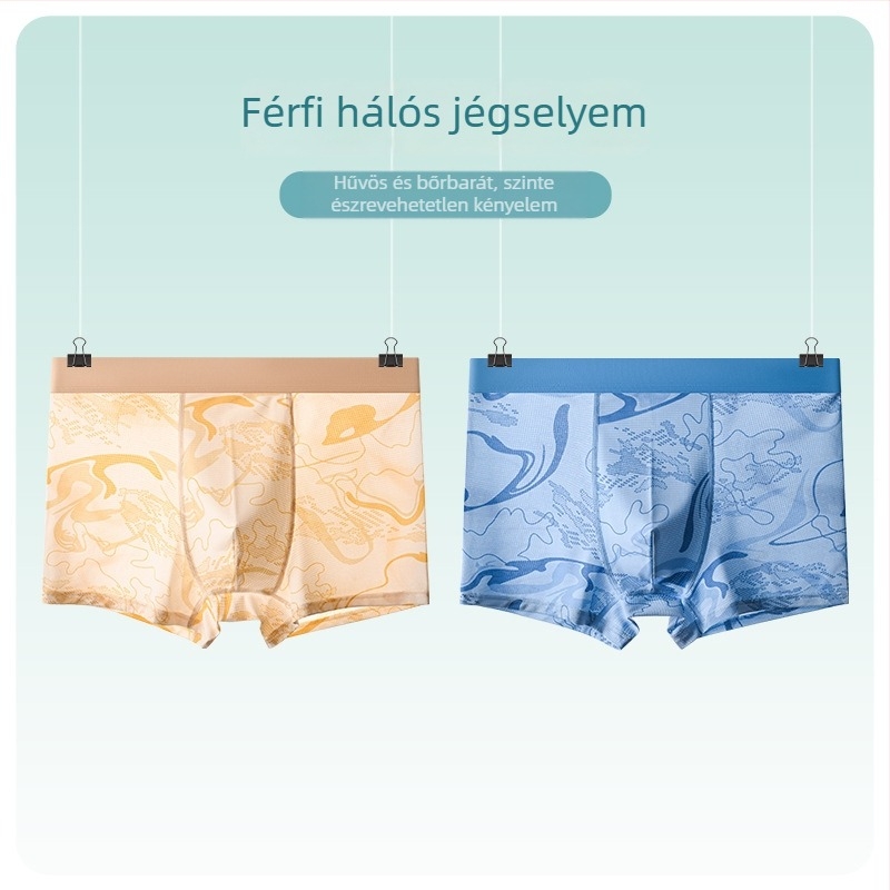 Férfi Ice Silk boxeralsók poliészterből, középmagas derekú, lélegző, 7A antibakteriális kezelés, geometriai mintázat, nyár