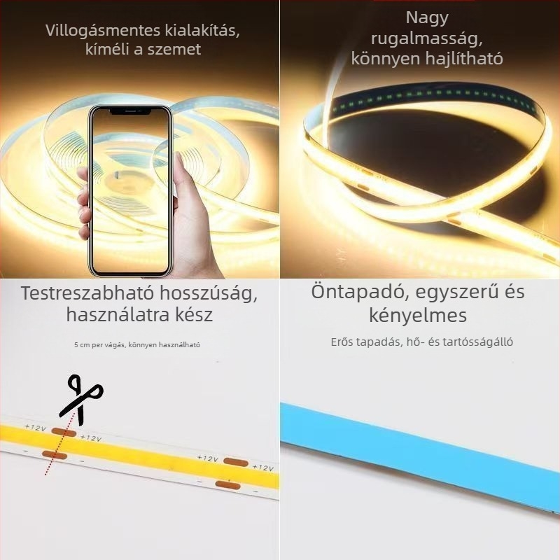 COB LED szalag 12V/24V, ultra vékony, rugalmas fénycsík, fényfoltok nélkül, 320 LED, 8 mm széles, 10 W, nem dimmelhető, gardróbszekrényekhez