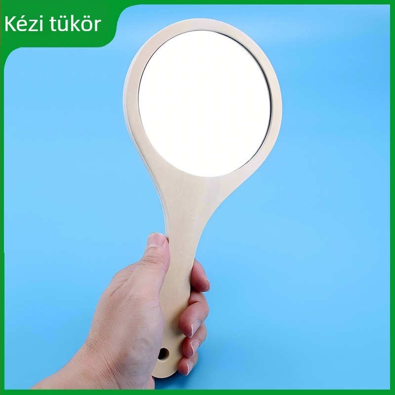 Fa keretes kézi sminktükör, nagy méretű, szépségszalonhoz