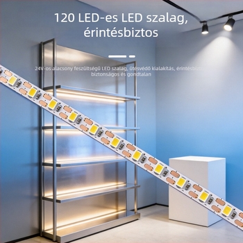 24V belső LED-szalag, 10 m tekercs, 120 LED 2835, 3000K/4000K/6500K, 120° fénysugár, beépített telepítéshez