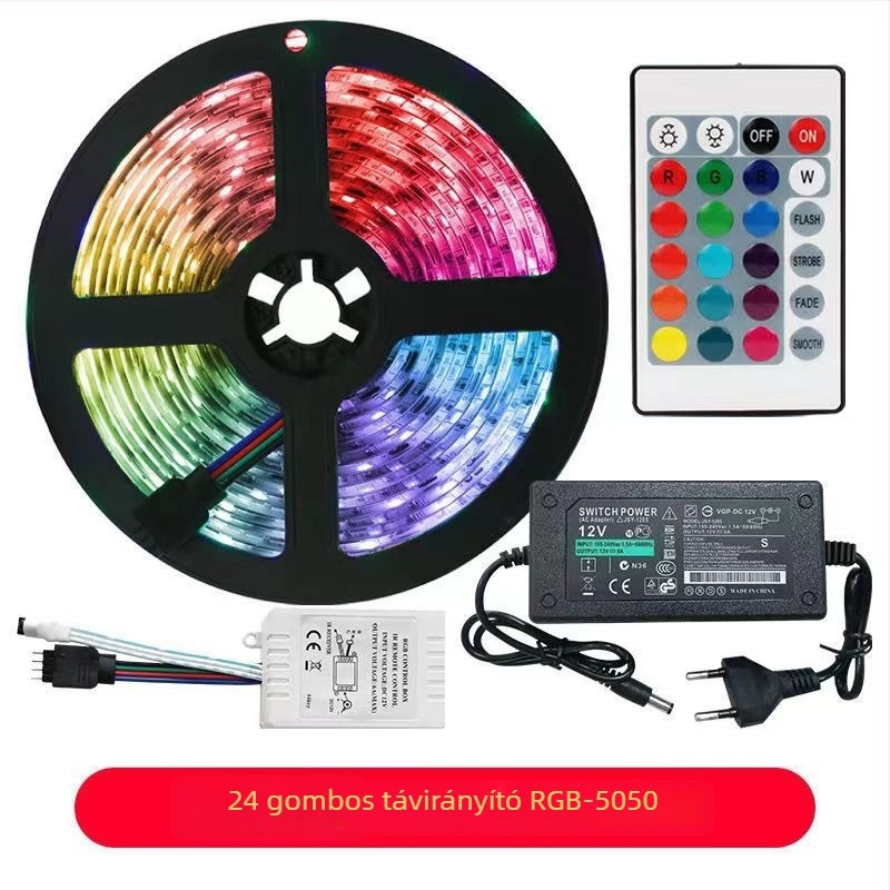 12V-os RGB LED-szalag 5050 LED-ekkel, gradiens színű, vízálló, öntapadós, 5 m hosszú, 60 LED, távirányító, fényerő-szabályozható, a TV hátteréhez és otthoni dekorációhoz