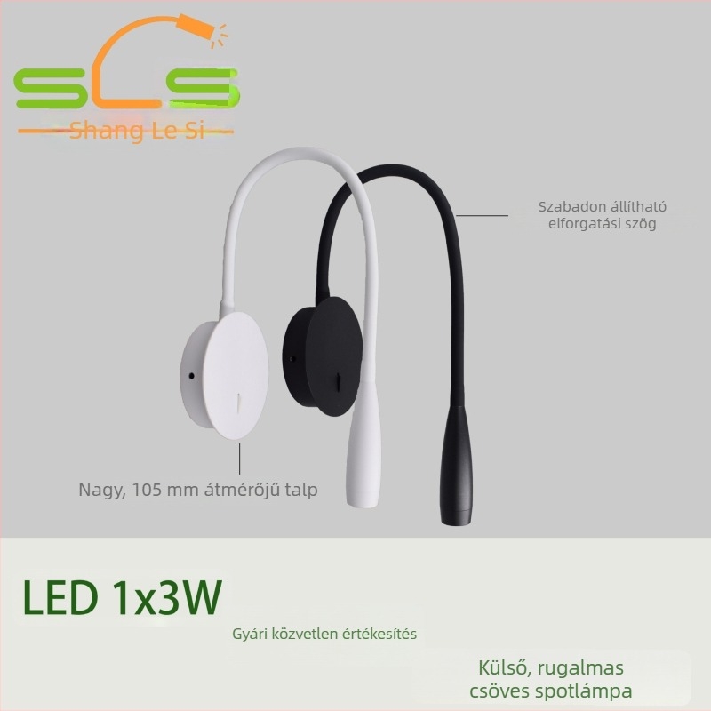 LED fali lámpa gooseneck karral a olvasáshoz, alumínium test, fúrás nélküli telepítés, modern dizájn