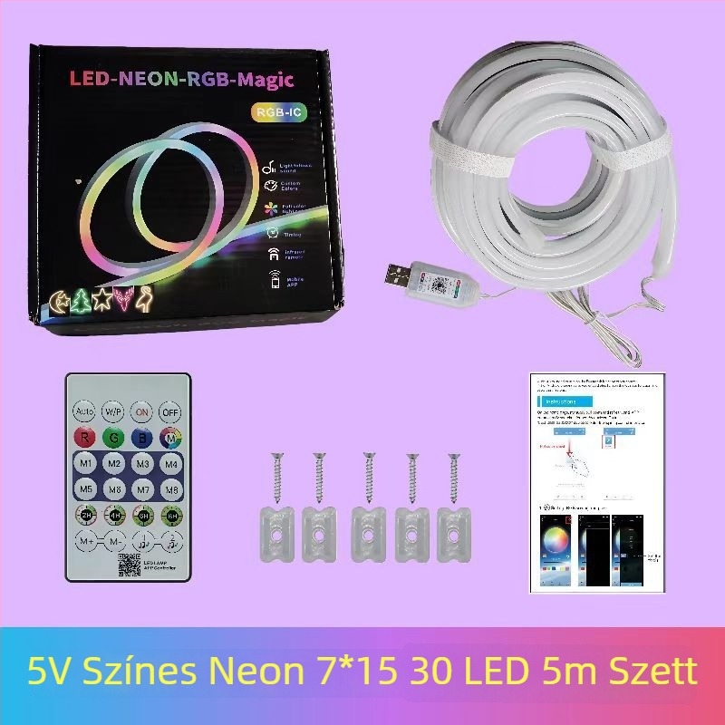 5V neon LED szalag készlet – kültéri vízálló, lágy fény szemvédő, zenei vezérlés, hossz 5 m