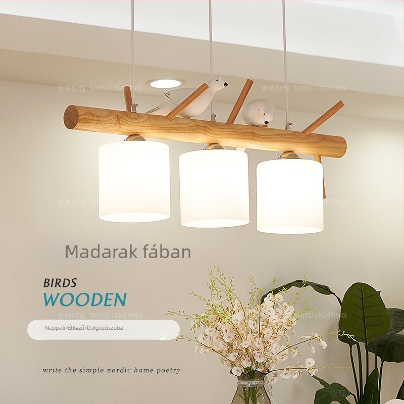 Skandináv modern, egyszerű tömörfa étkezői függőlámpa LED madármotívummal, japán stílus