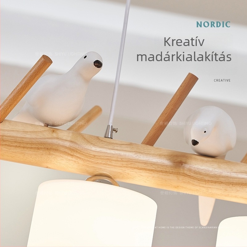 Skandináv modern, egyszerű tömörfa étkezői függőlámpa LED madármotívummal, japán stílus