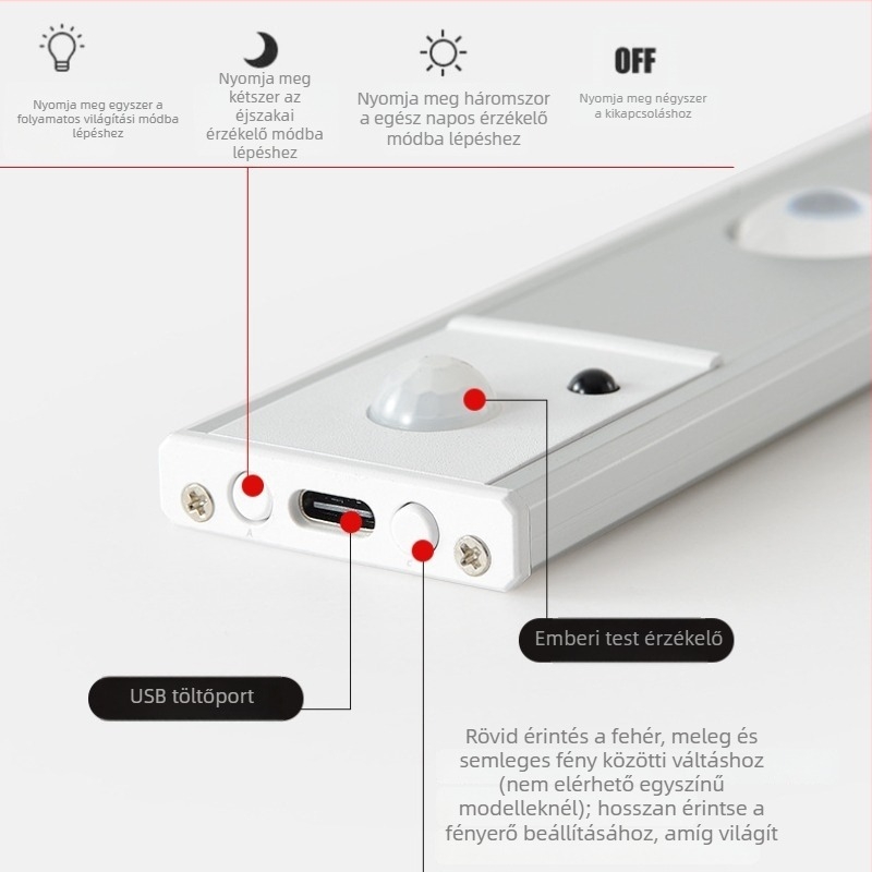 LED intelligens mozgásérzékelős világítás borospincehez és gardróbhoz, hangulatvilágítás, újratölthető szekrényvilágító szalag