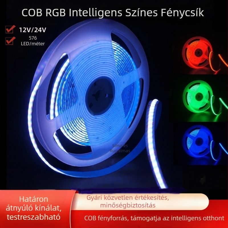 RGB COB LED-szalag, 576 LED-del, 12V/24V, távirányító, színváltó hangulatvilágítás bárhoz