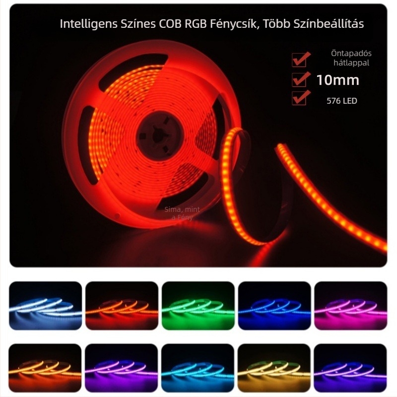 RGB COB LED-szalag, 576 LED-del, 12V/24V, távirányító, színváltó hangulatvilágítás bárhoz