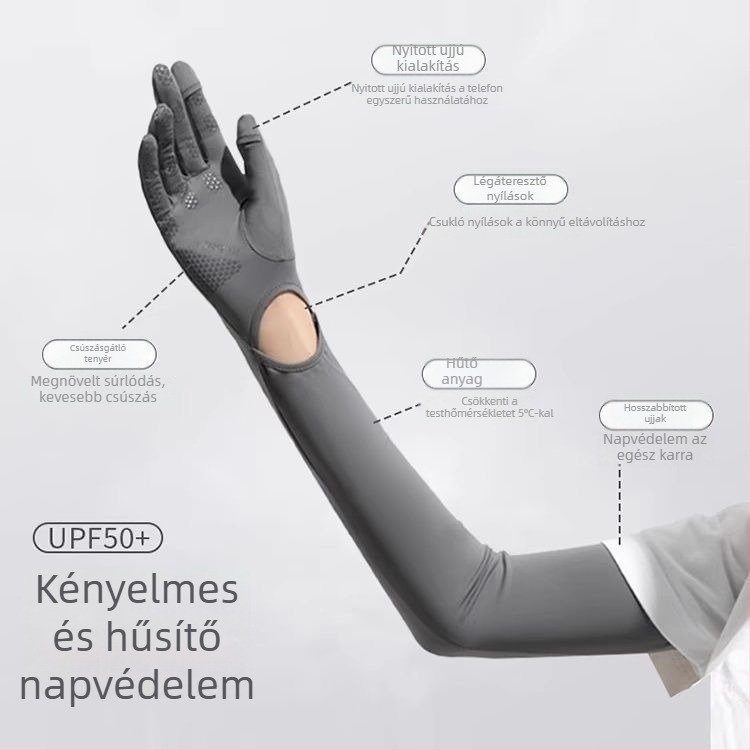 Női hosszú nyári napvédő kesztyűk ice silk anyagból, csúszásmentes érintőképernyővel, kültéri kerékpározáshoz