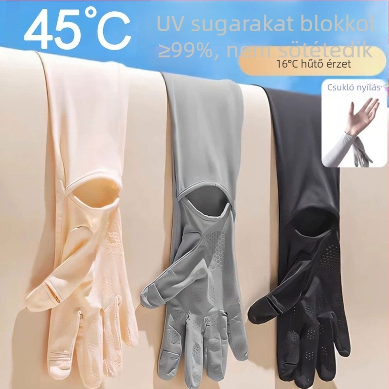 Női hosszú nyári napvédő kesztyűk ice silk anyagból, csúszásmentes érintőképernyővel, kültéri kerékpározáshoz